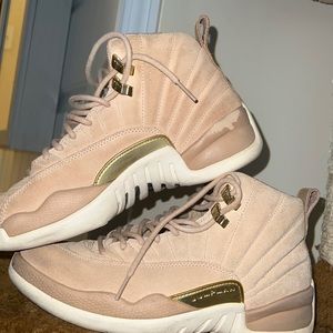 Jordan 12 Vachetta Tan and Metallic gold shoes. There is a scuff on the side.